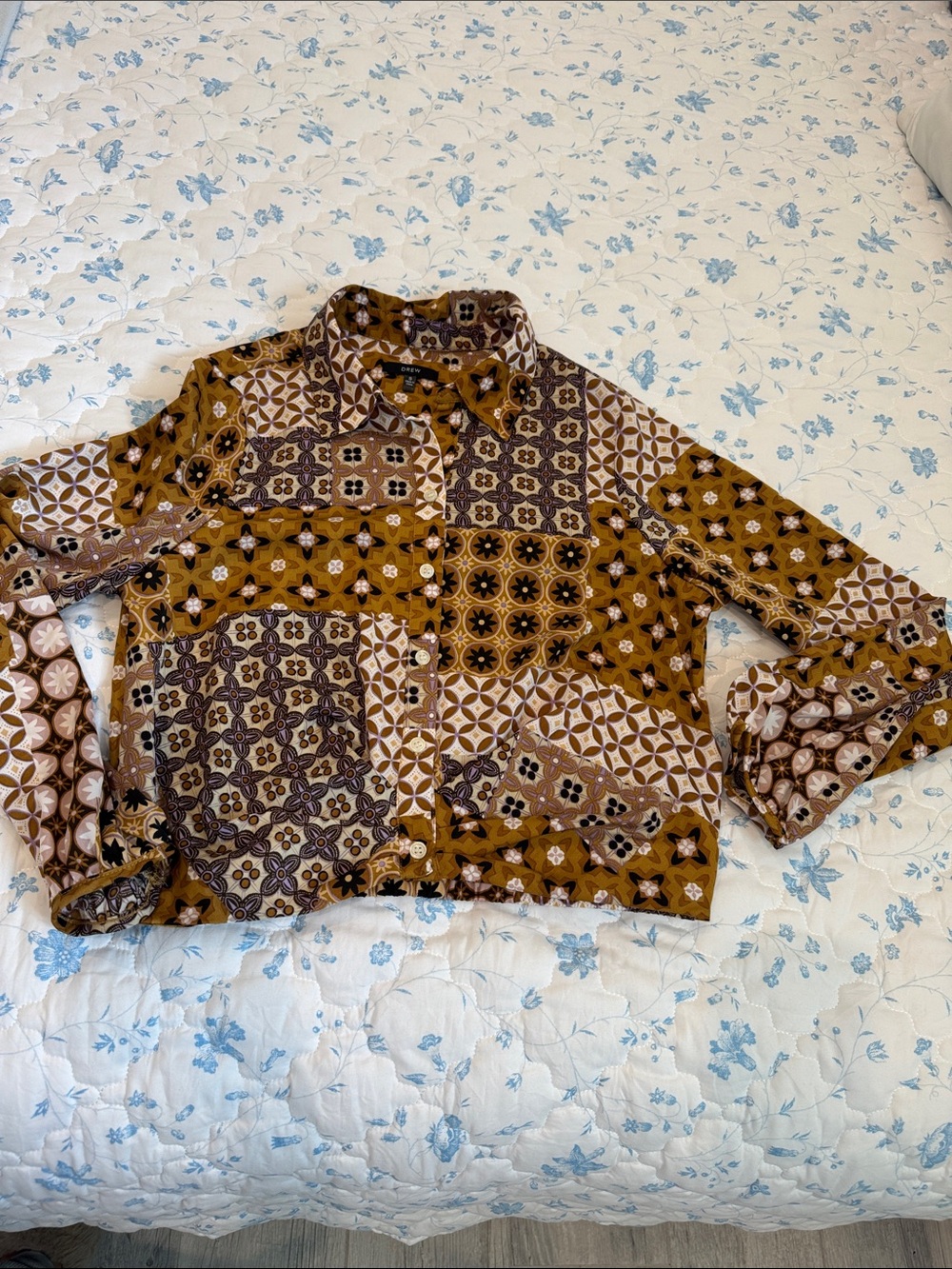 DREW Brown Patchwork-Print Button Front Blouse